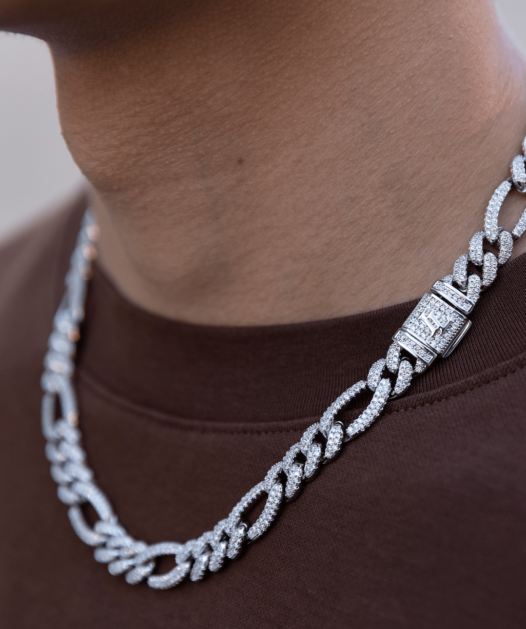 Iced Figaro Necklace, 11mm Iced Figaro Necklace in White Gold