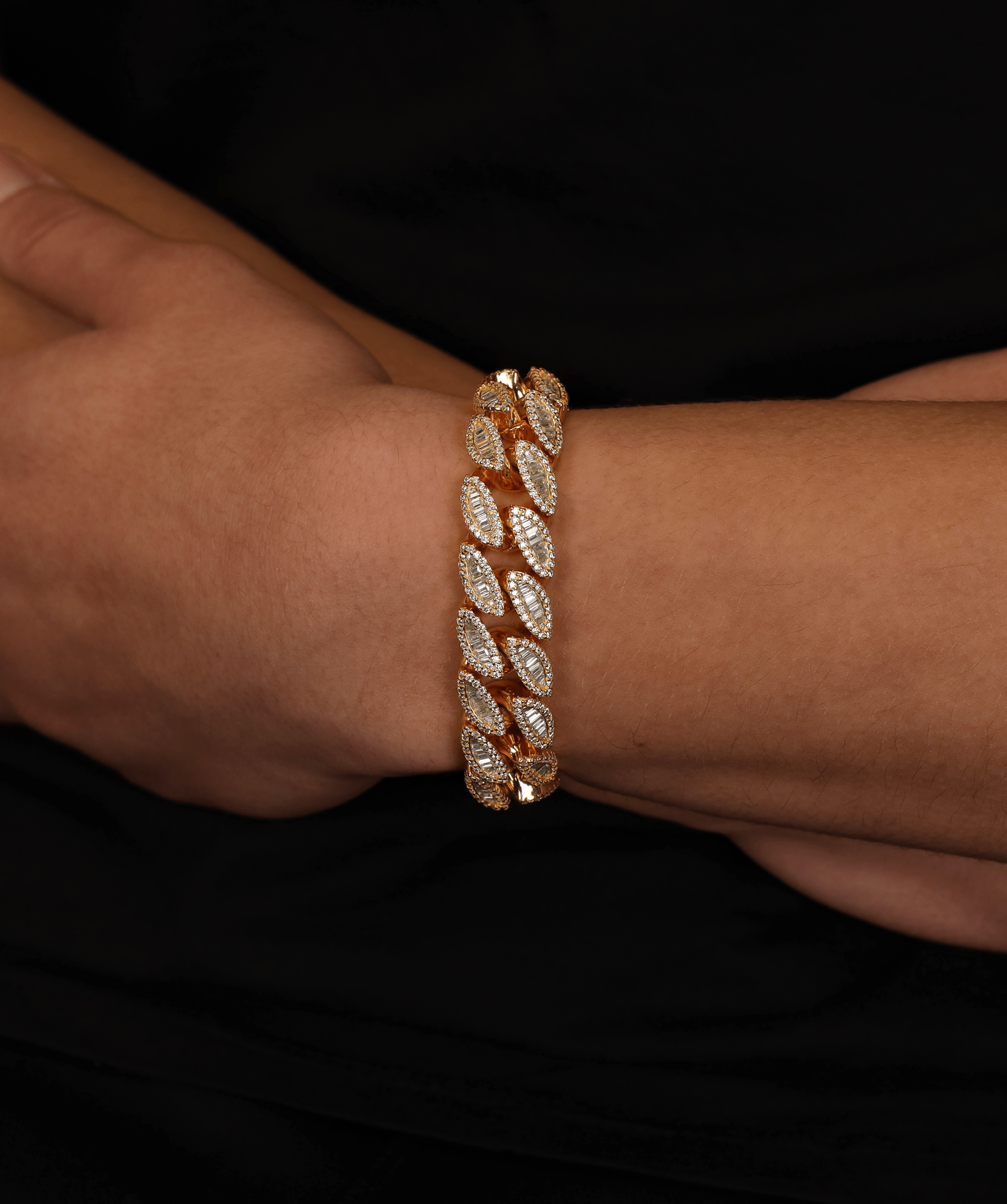 Oval Baguette Cuban Bracelet, 16mm Oval Baguette Cuban Link Bracelet (Gold)