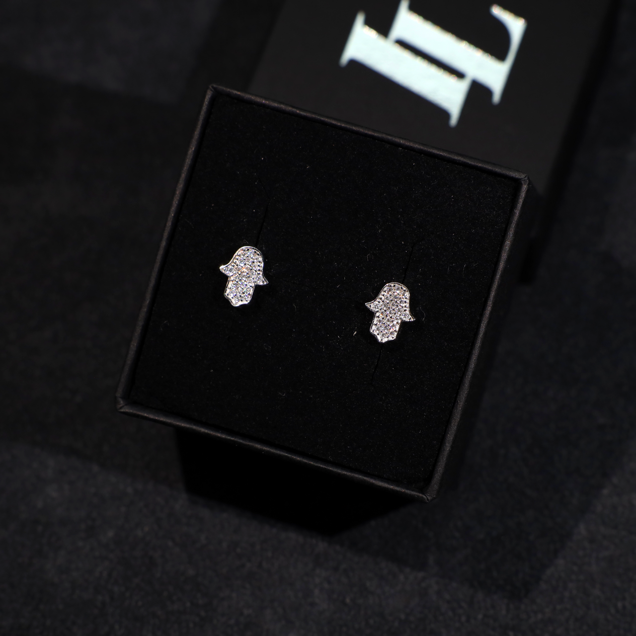 Mini Hamsa Hand Earrings (White Gold)