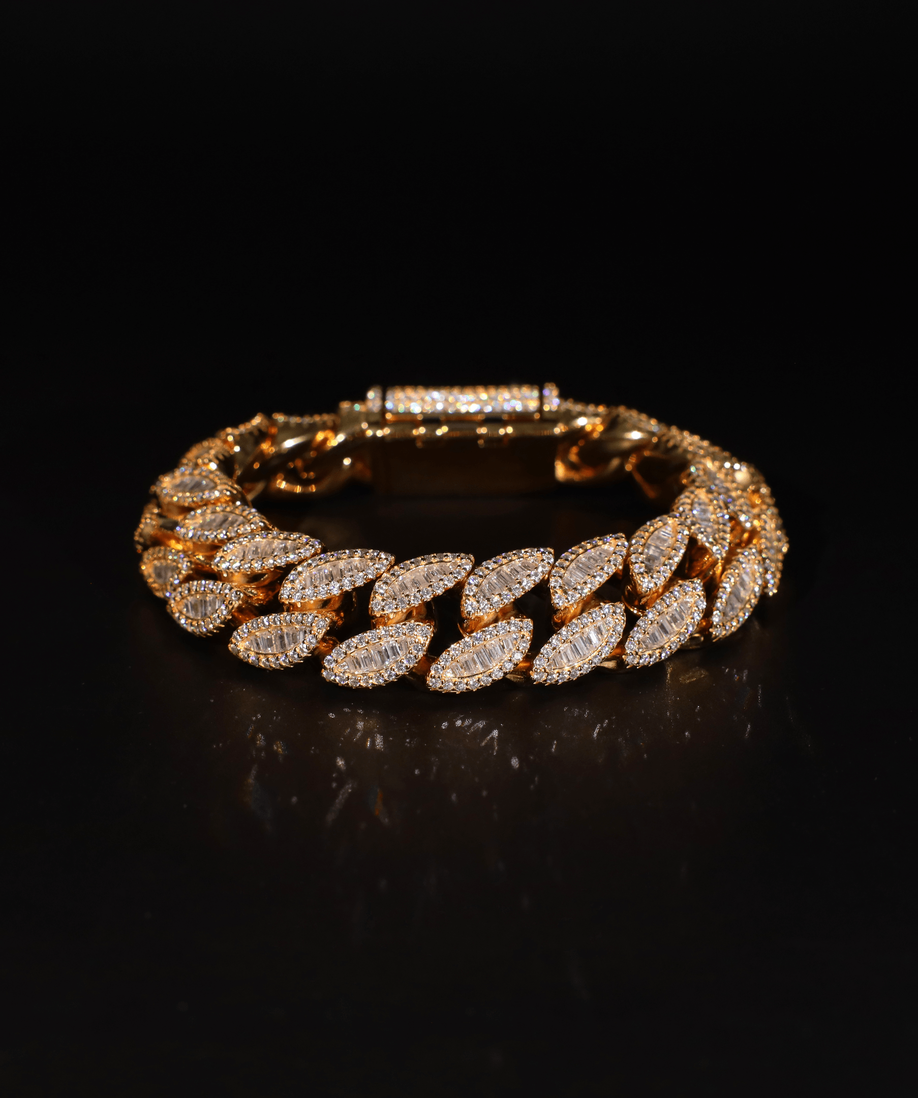Oval Baguette Cuban Bracelet, 16mm Oval Baguette Cuban Link Bracelet (Gold)