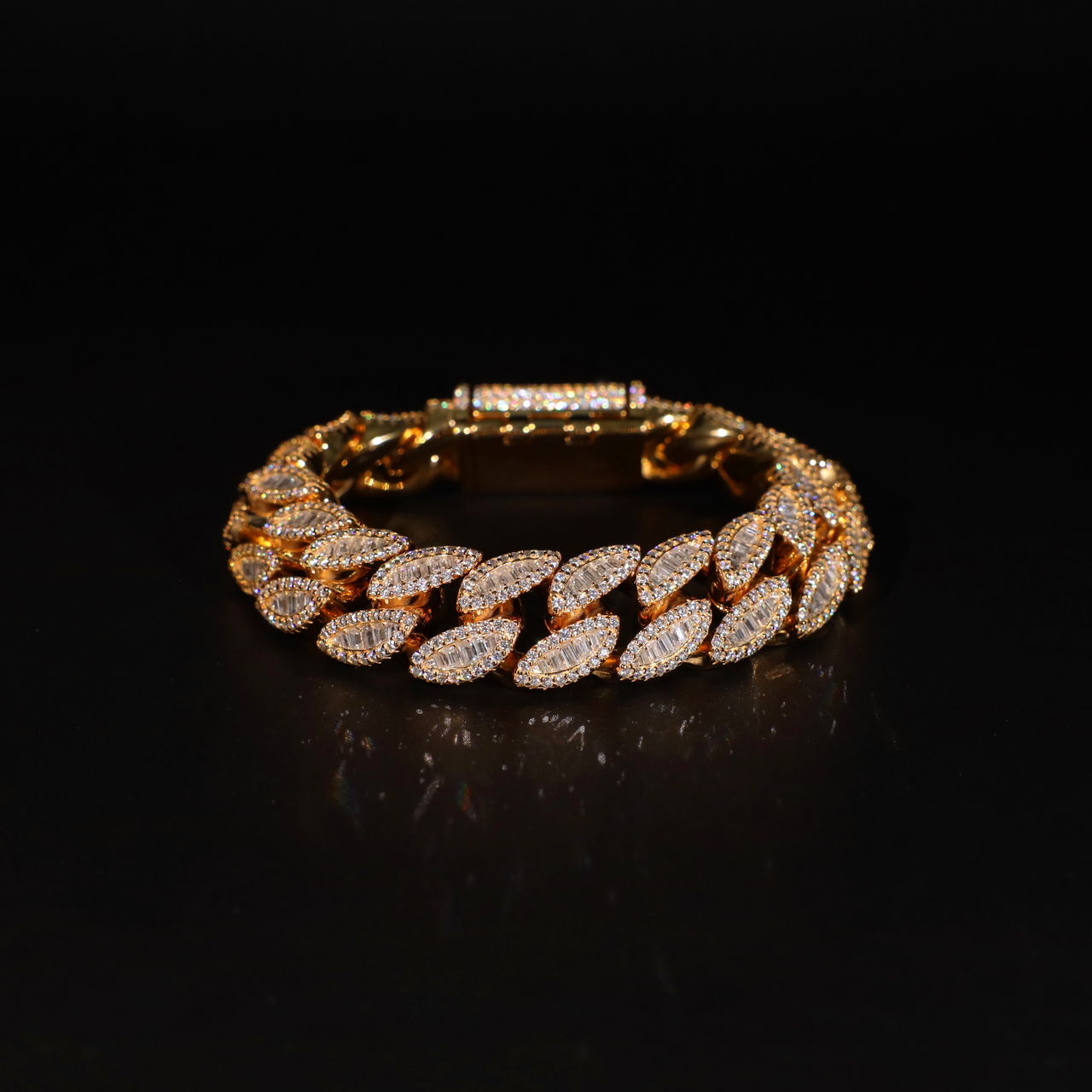 Oval Baguette Cuban Bracelet, 16mm Oval Baguette Cuban Link Bracelet (Gold)