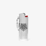 ICED London lighter: transparent body with a silver keychain ring and an embossed rose emblem, red ignition top.
