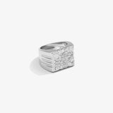 ICED London silver men's signet ring with a textured floral relief on a square face and bold wide band.