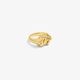 ICED London gold signet ring with a chunky geometric top, close-up on white background.