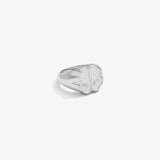 ICED London silver ring with a polished four-leaf clover design, minimalist jewelry style.