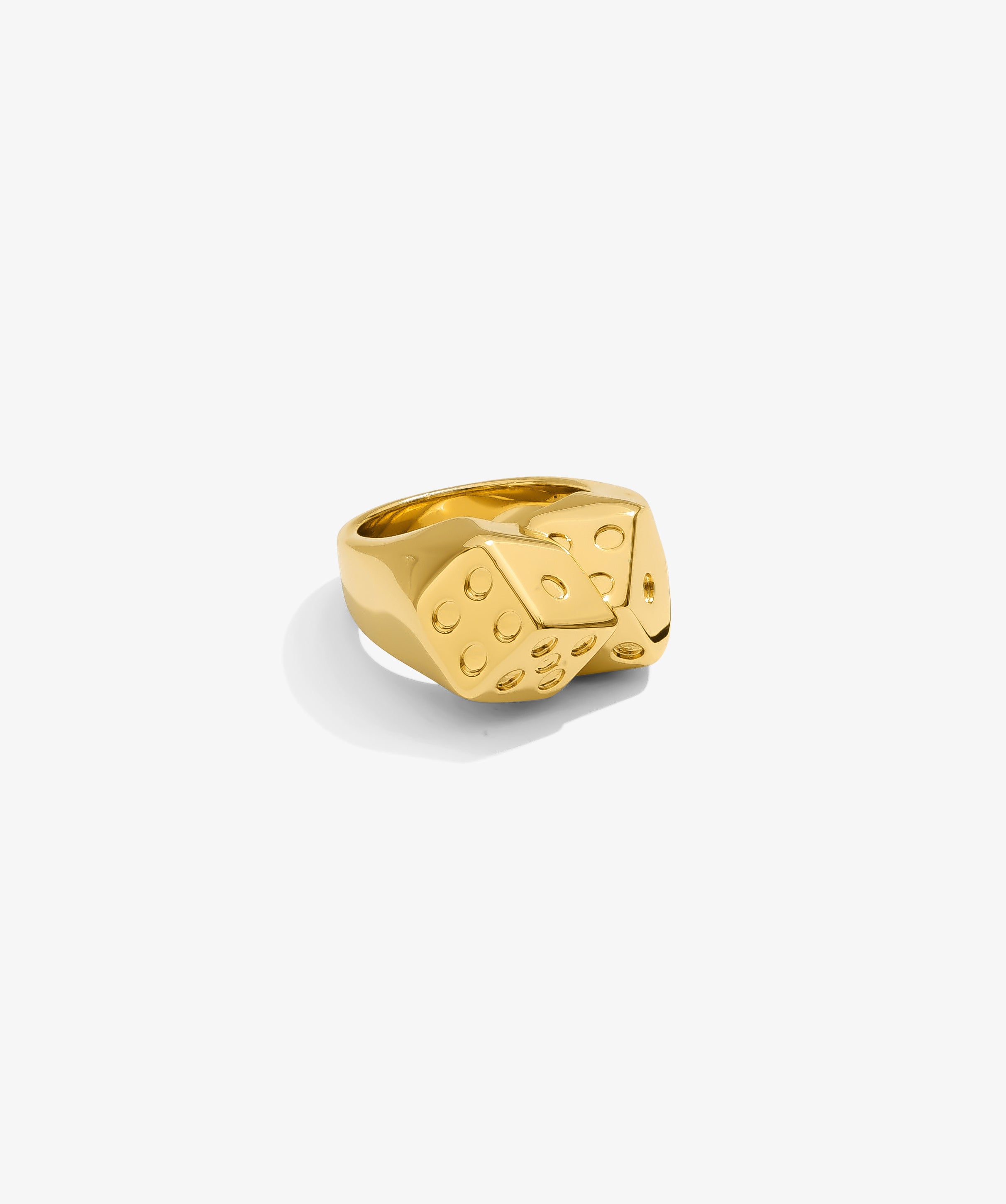ICED London gold-tone ring shaped like stacked dice with engraved pips.