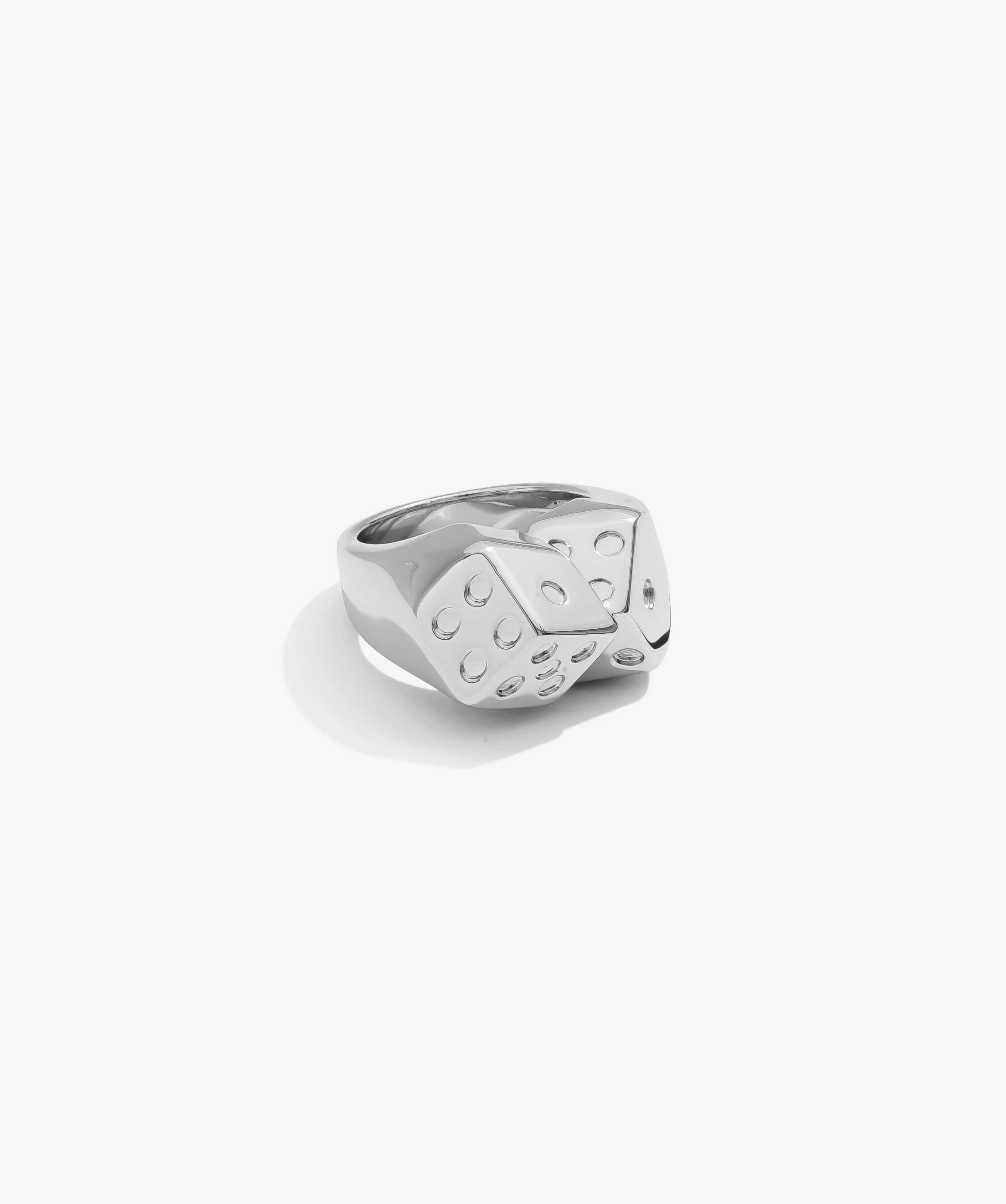 ICED London silver ring with two interlocked dice and a polished chrome finish.