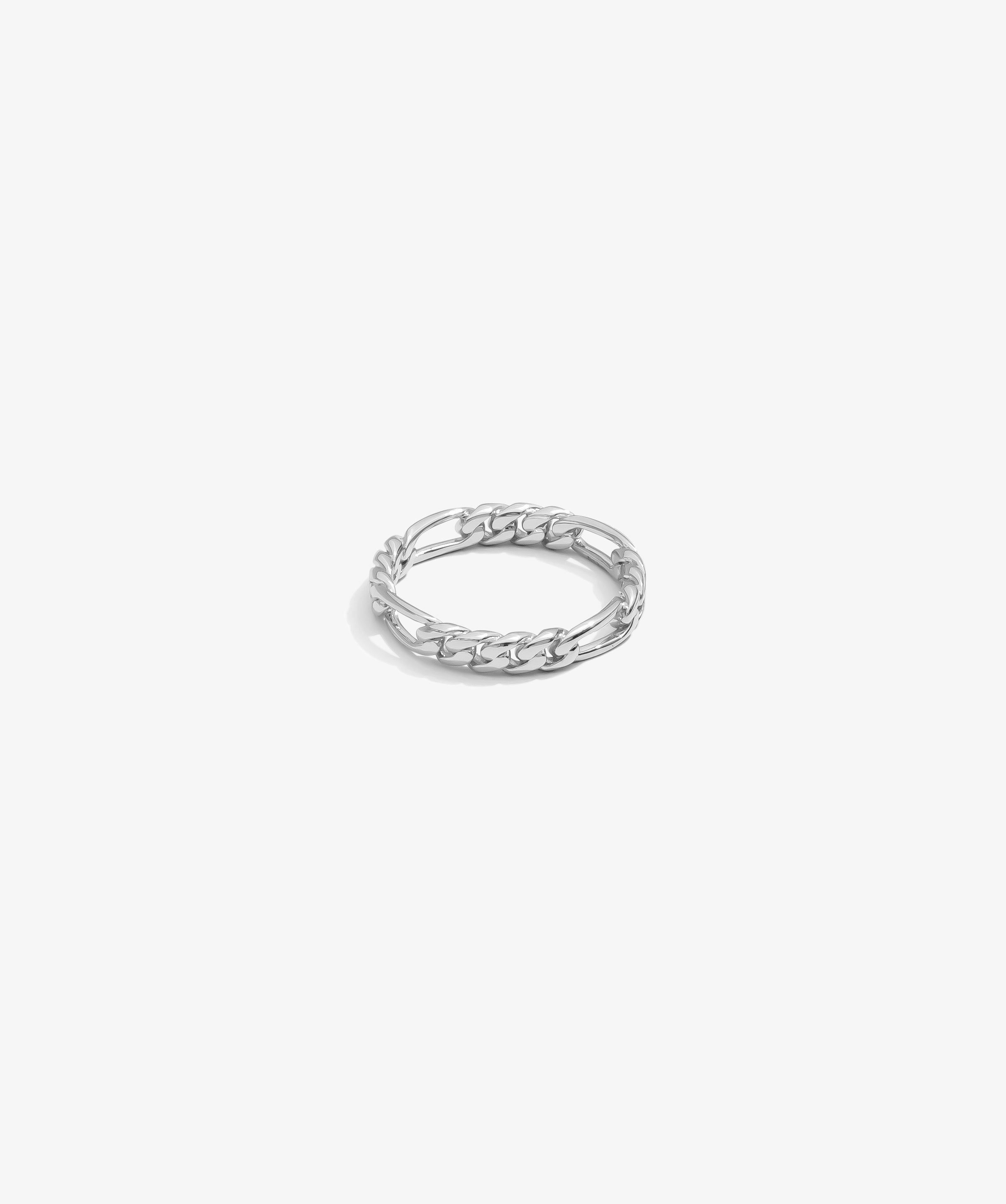 ICED London silver curb-chain ring, close-up product shot highlighting polished braided link design.