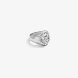 ICED London silver lion head signet ring with detailed mane and polished finish, angled side view.