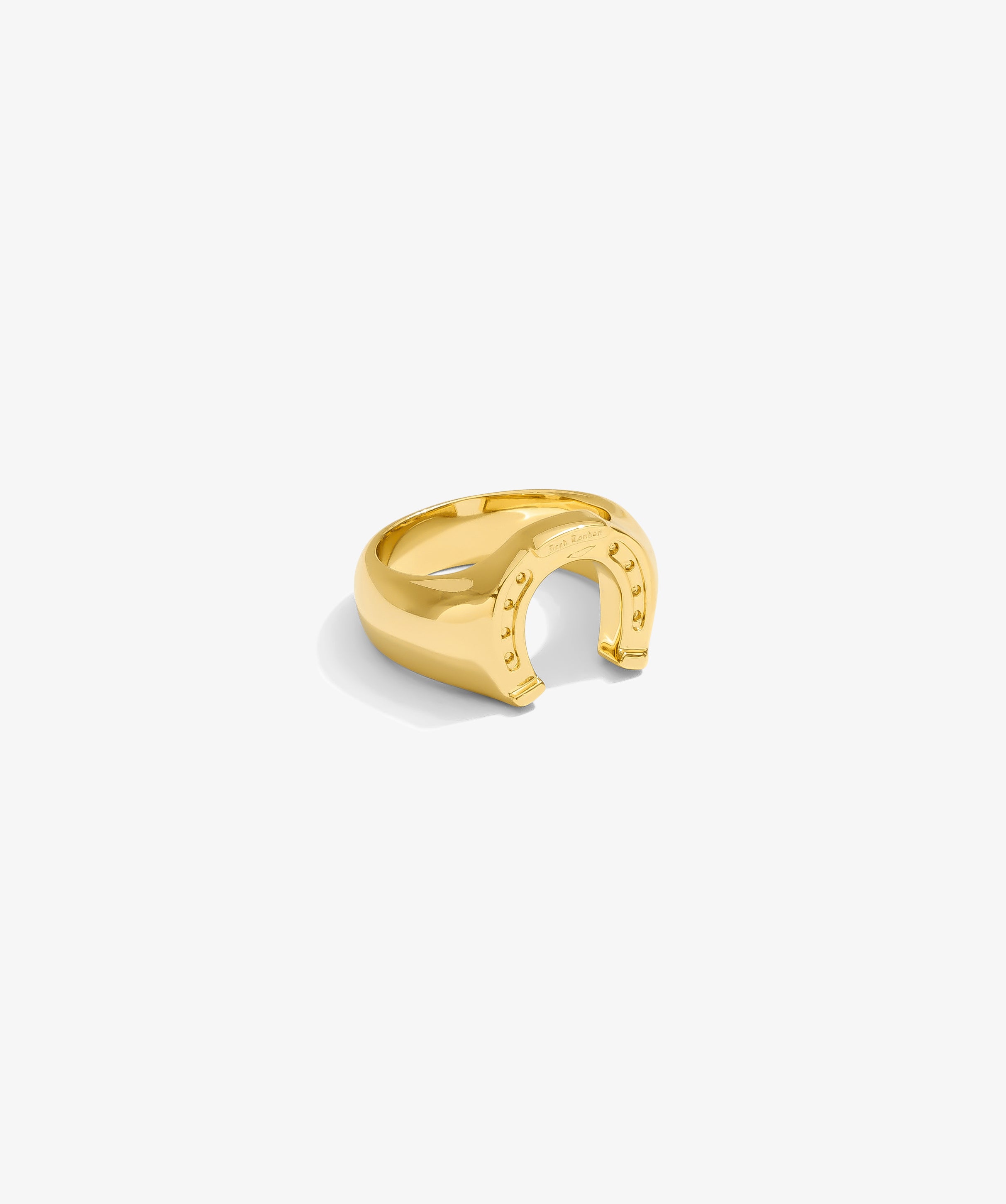 ICED London gold horseshoe-shaped ring, open back with rivet-like detailing.