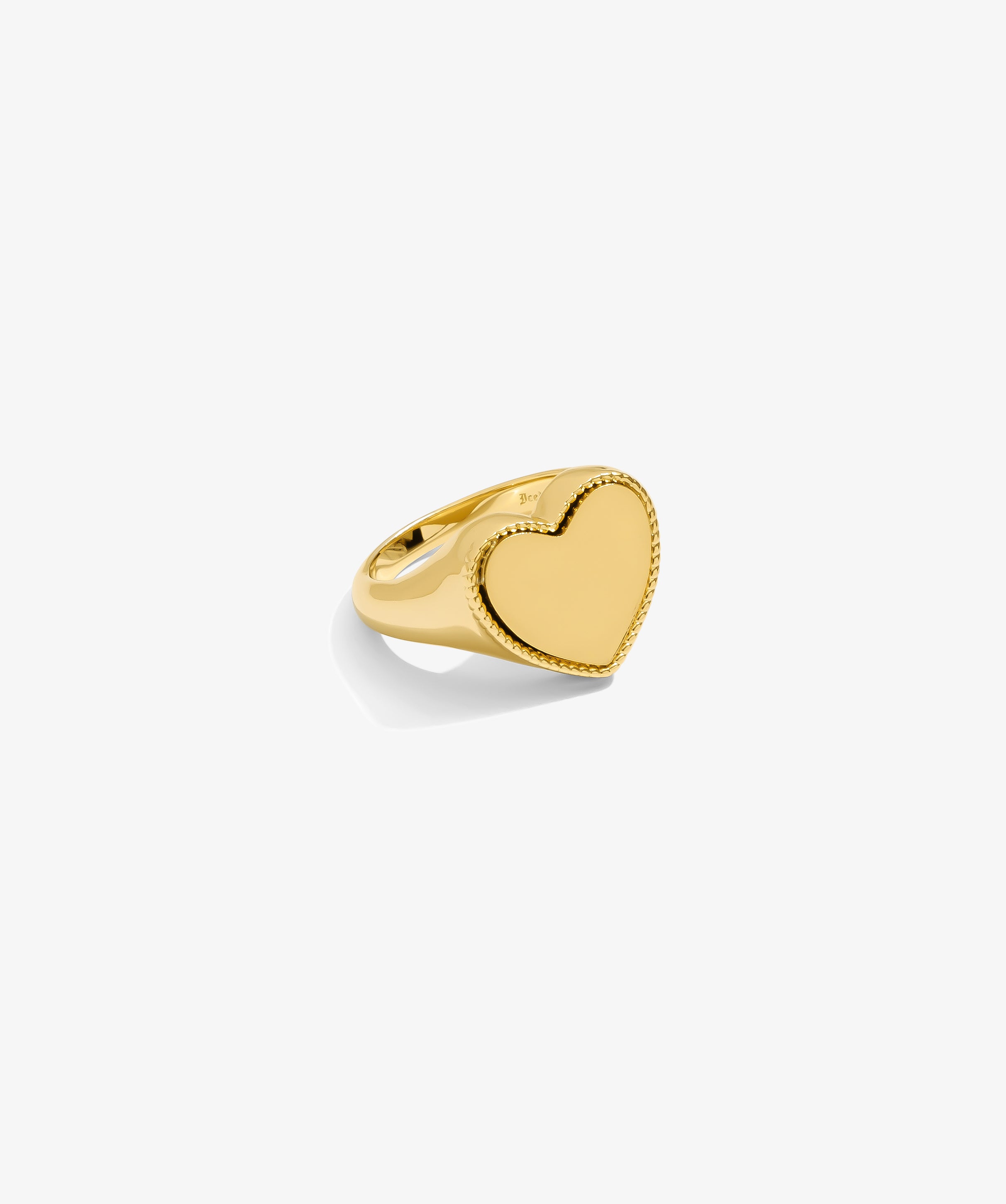 ICED London gold heart ring with beaded edge; close-up product shot.