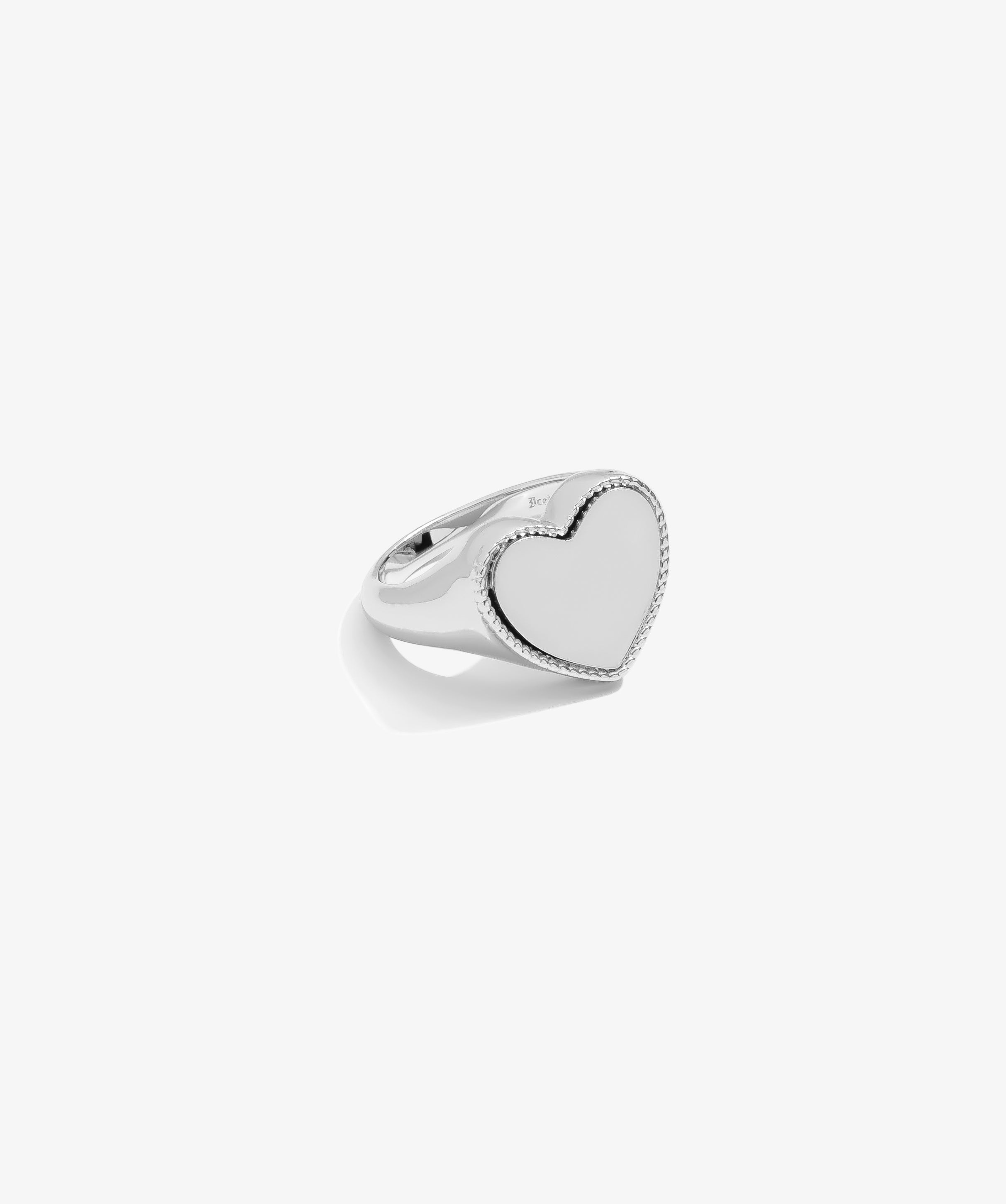 ICED London silver heart-shaped ring with a beaded edge, polished finish.