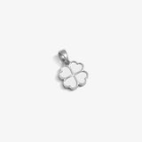 ICED London silver four-leaf clover pendant with outlined petals, bail attachment, minimalist jewelry charm.