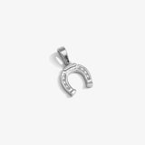 ICED London silver horseshoe pendant with embedded stones, round bail, on white background.