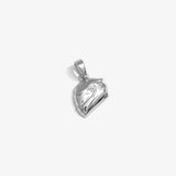 ICED London silver heart pendant, polished metal with subtle swirl, close-up on the bail.