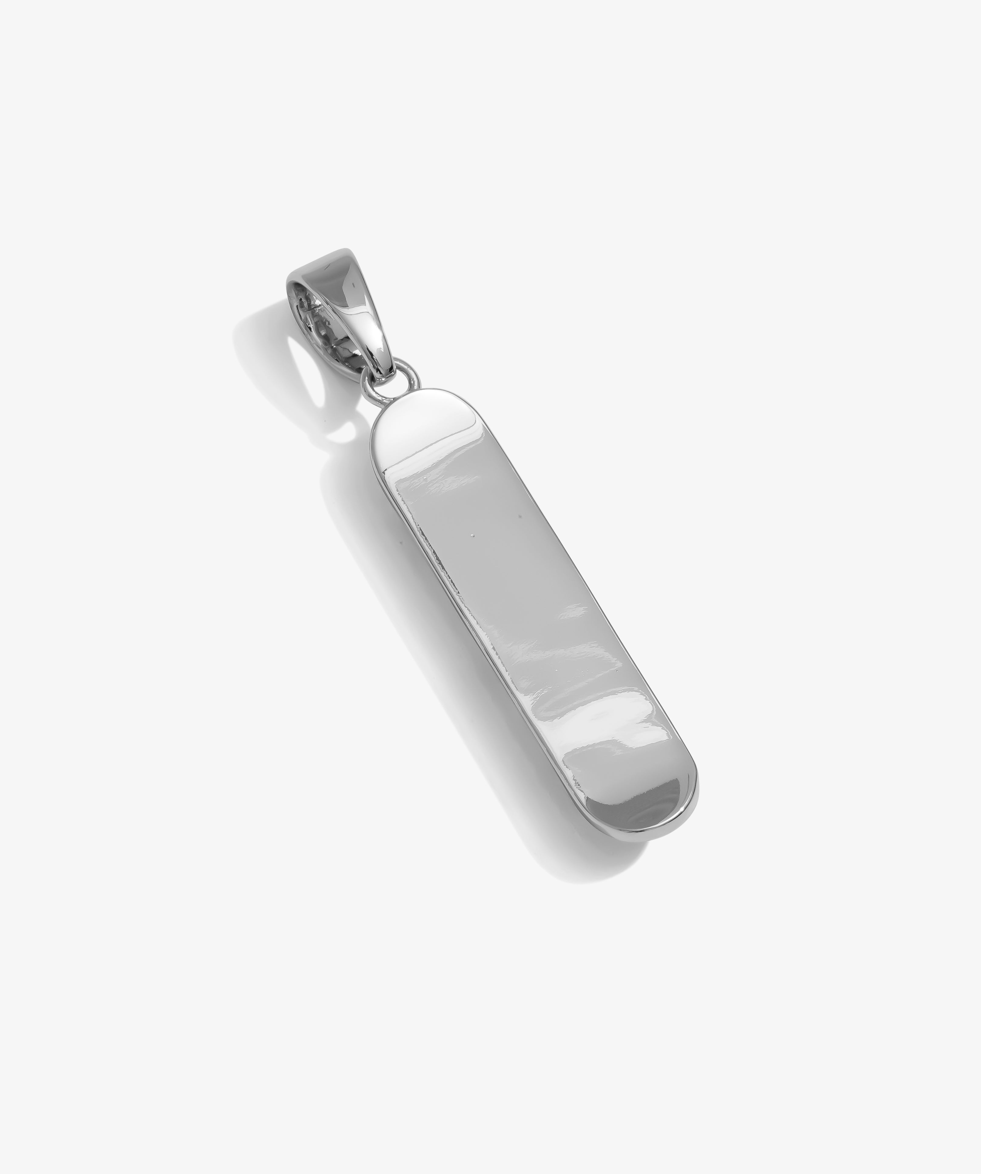 ICED London silver tubular bar pendant with polished finish on a bail, minimalist jewelry.