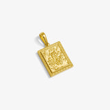 ICED London gold rectangular pendant with floral engraving and ornate border.