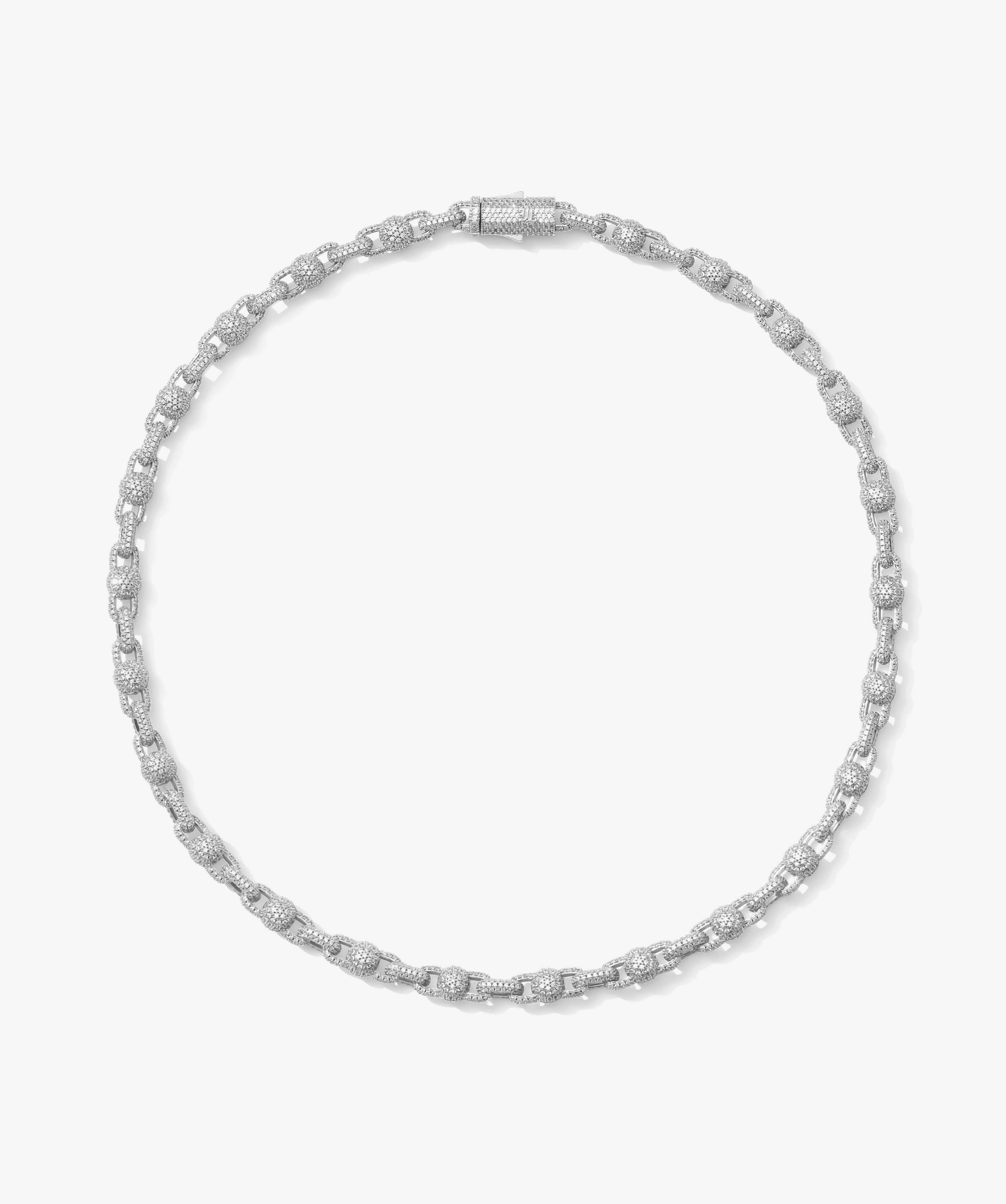 ICED London diamond tennis necklace in silver, pavé-set links forming a sparkling luxury jewelry chain.