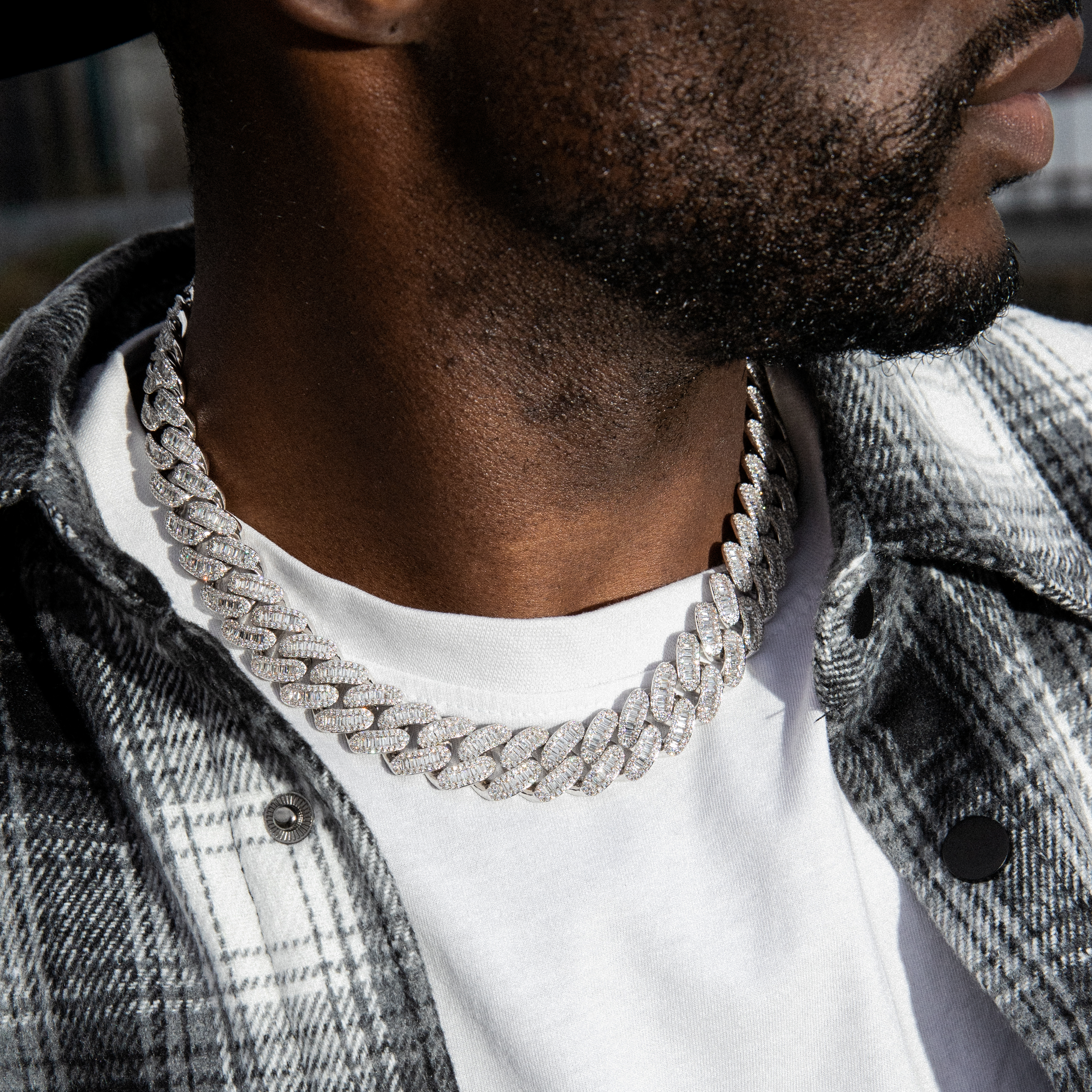 15mm Baguette Cuban Link Chain in White Gold