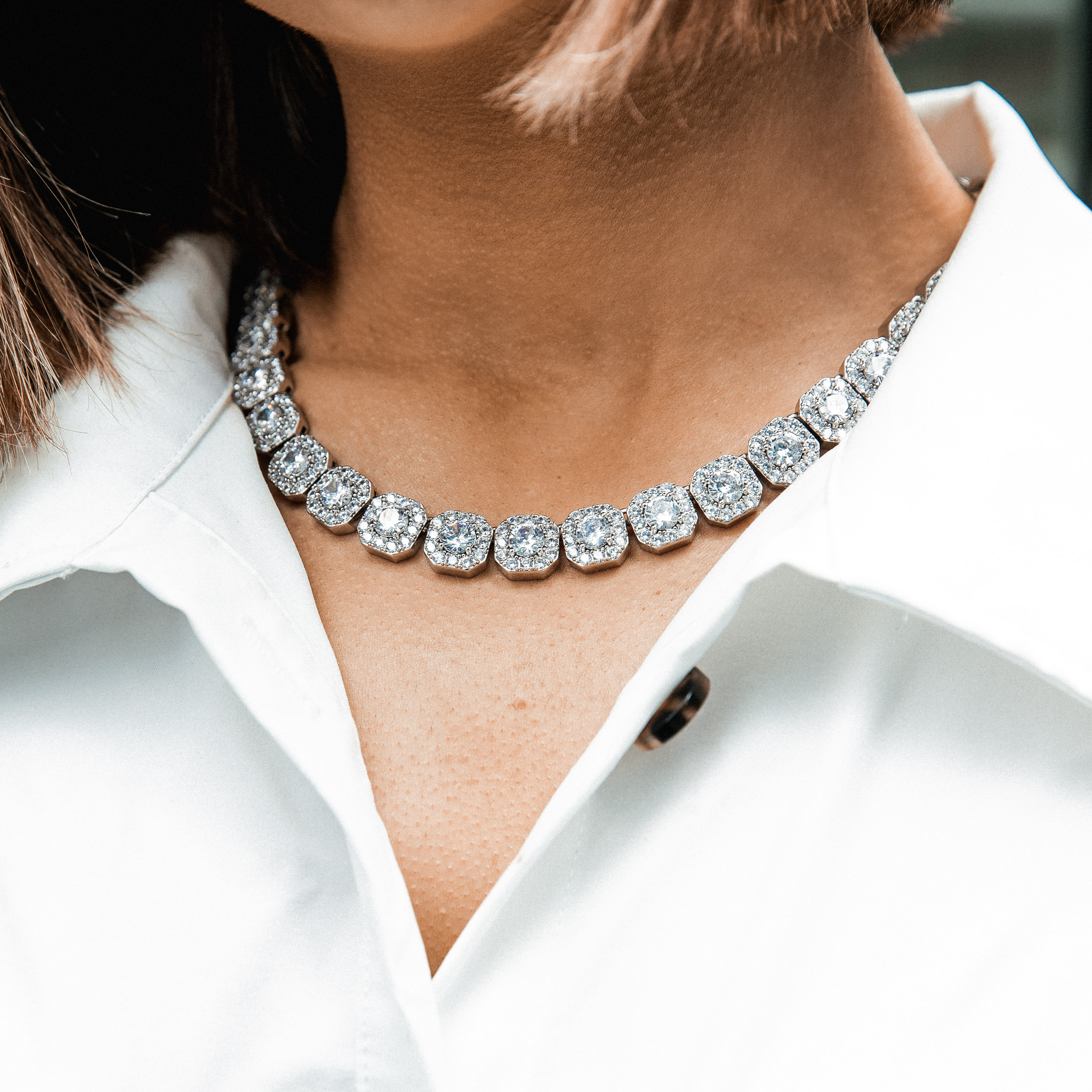 Clustered Tennis Necklace in White Gold