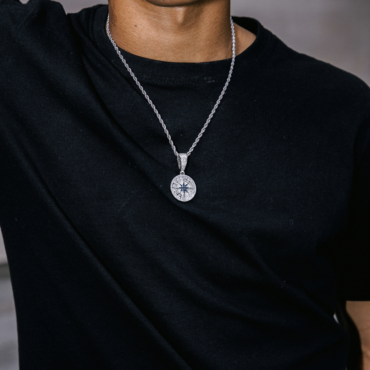 Iced Compass Pendant in White Gold