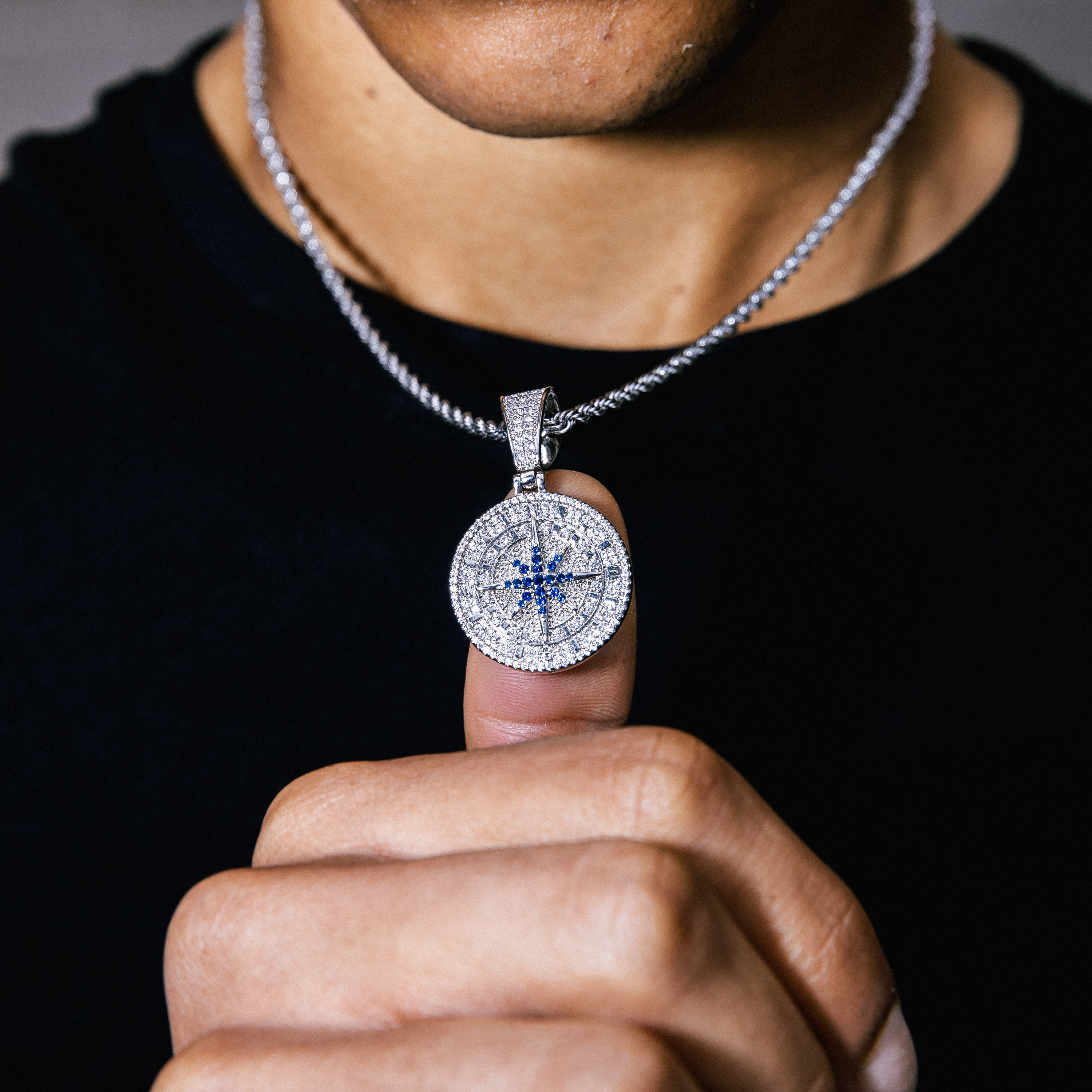 Iced Compass Pendant in White Gold