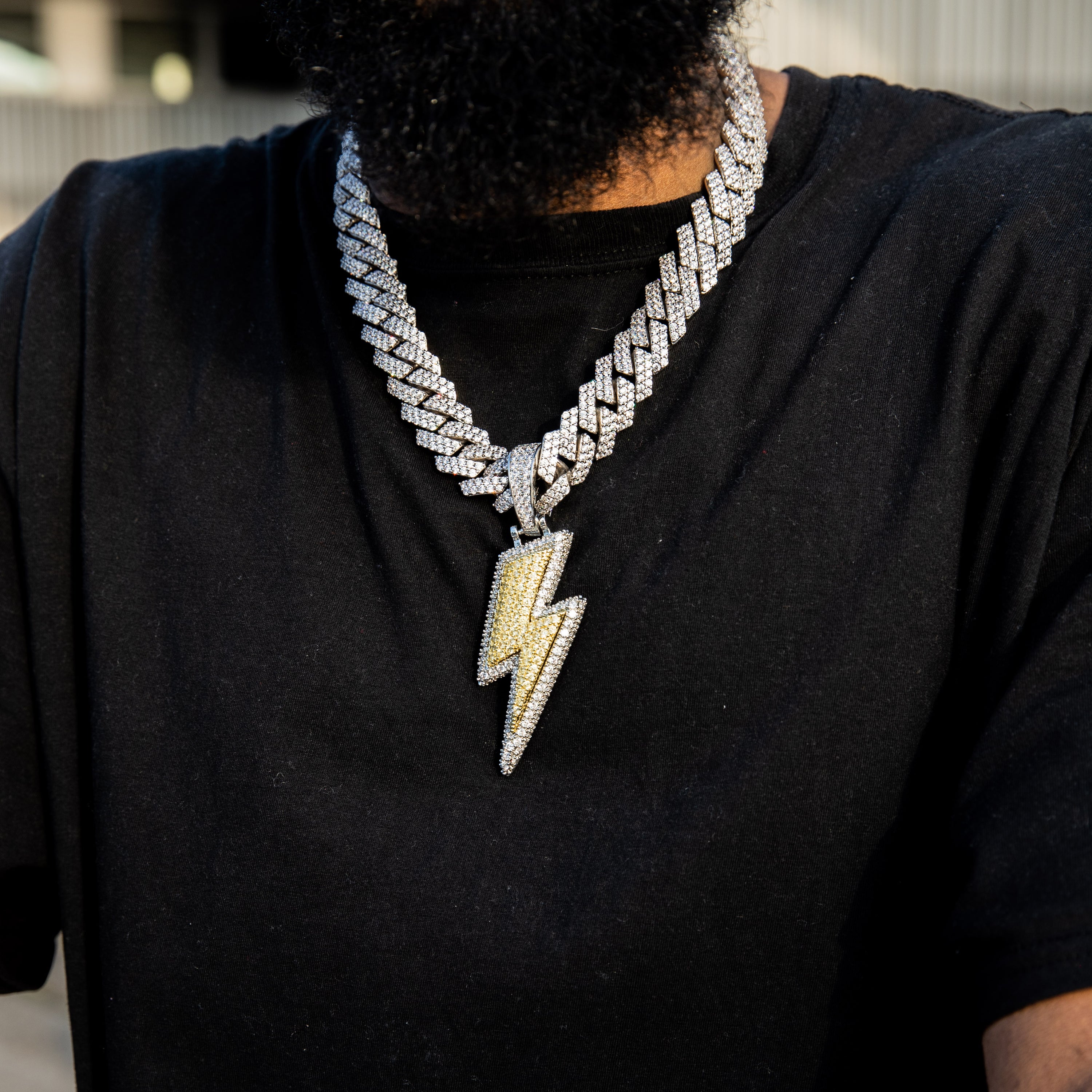 XL Iced Lightning Bolt Pendant in Two-Tone