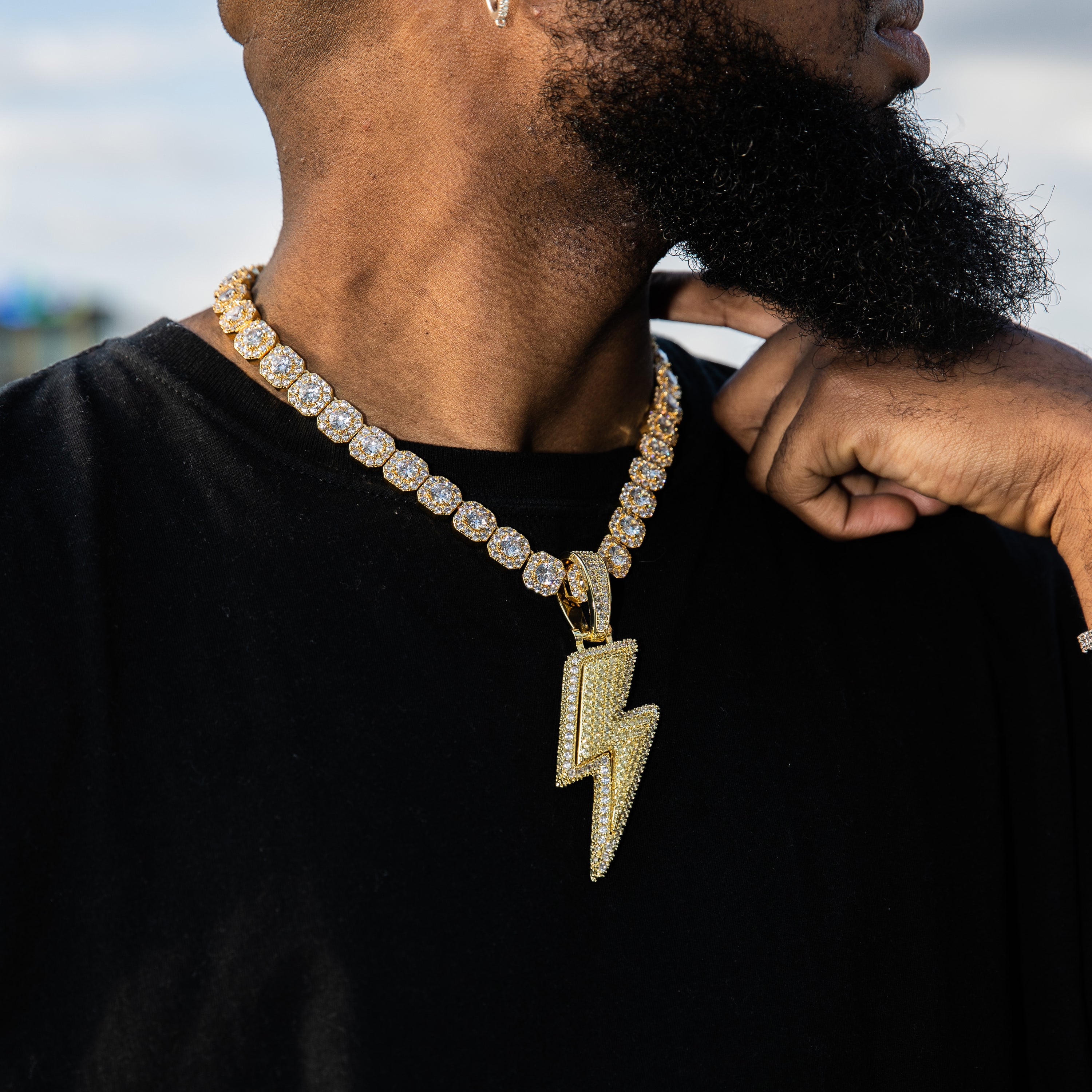 XL Iced Lightning Bolt Pendant in Yellow Gold