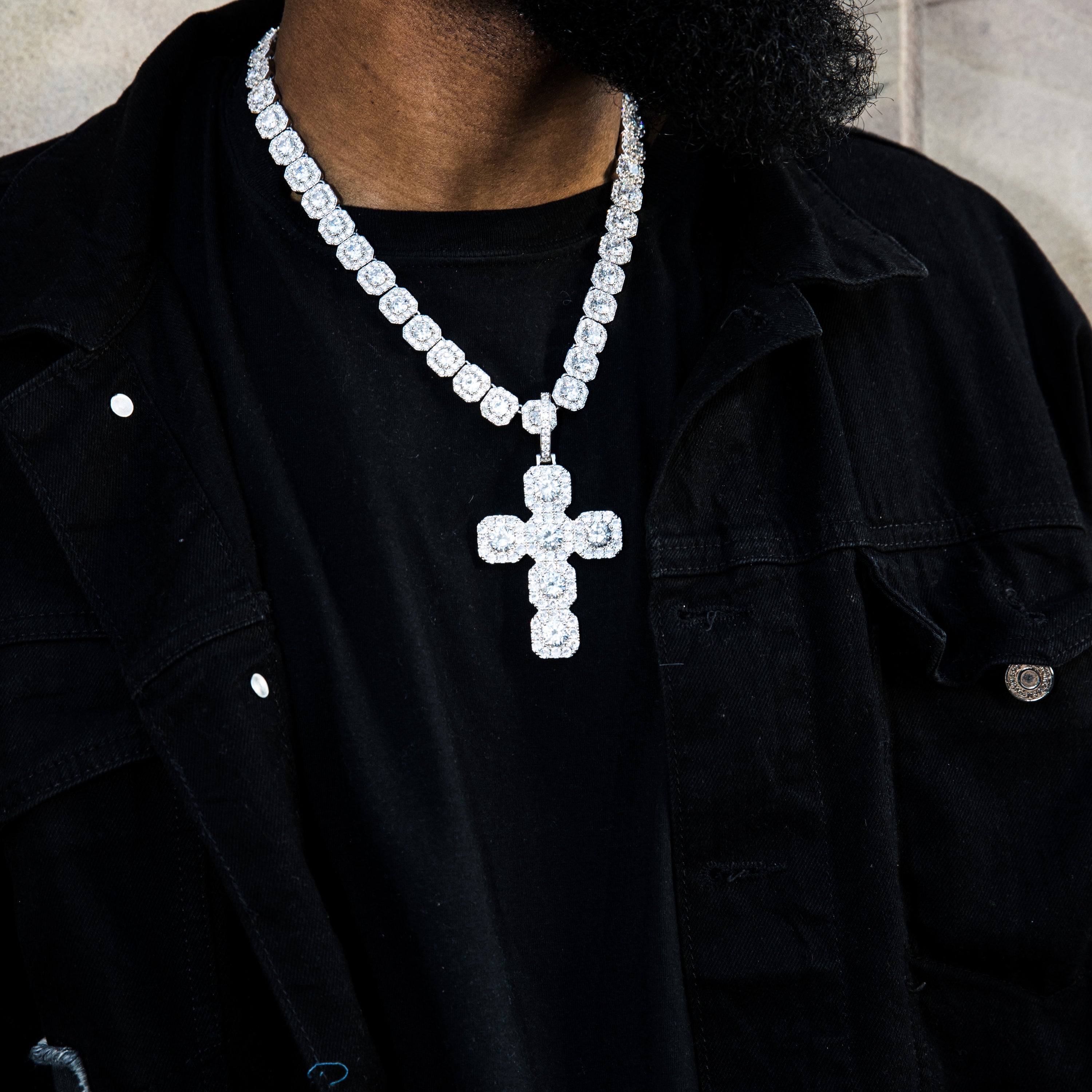 XL Iced Raised Square Cross Pendant in White Gold