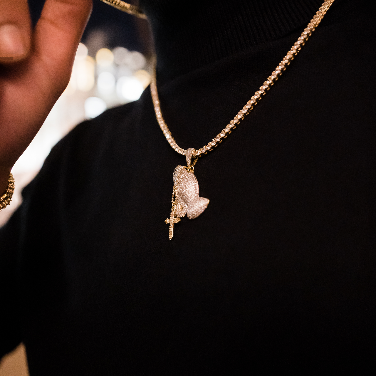 Iced Praying Hands Pendant in Two-Tone