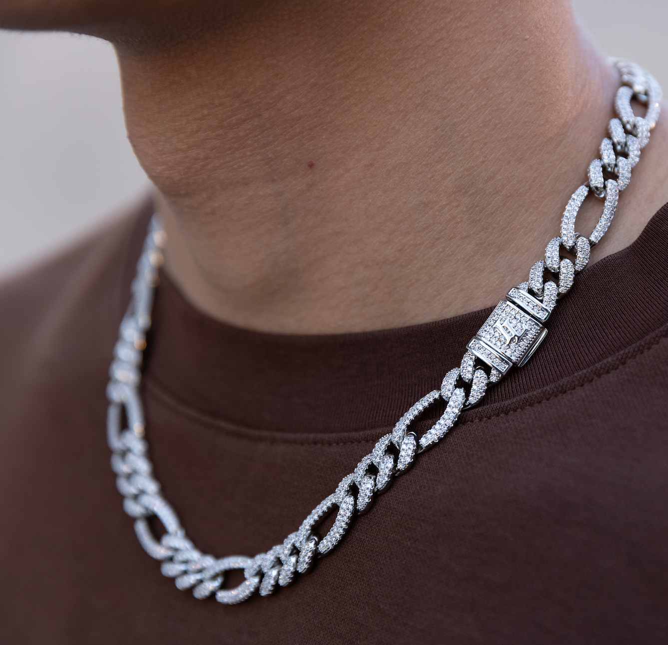 11mm Iced Figaro Necklace in White Gold