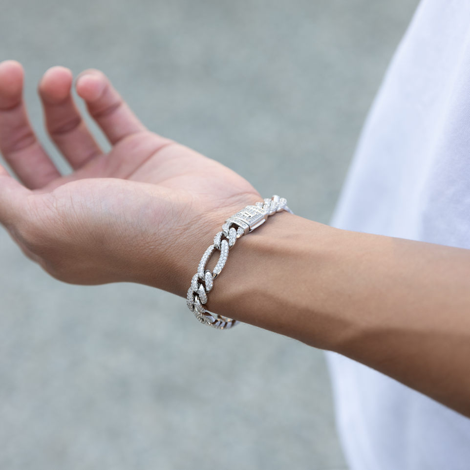 11mm Iced Figaro Bracelet in White Gold